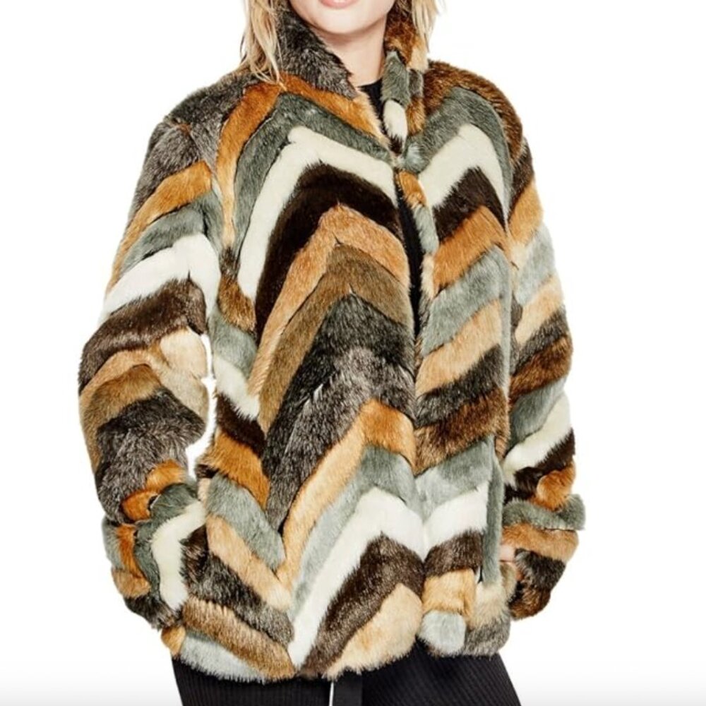 GUESS Women's Multicolor Chevron Lined Babita Faux Fur Coat Jacket Size XS